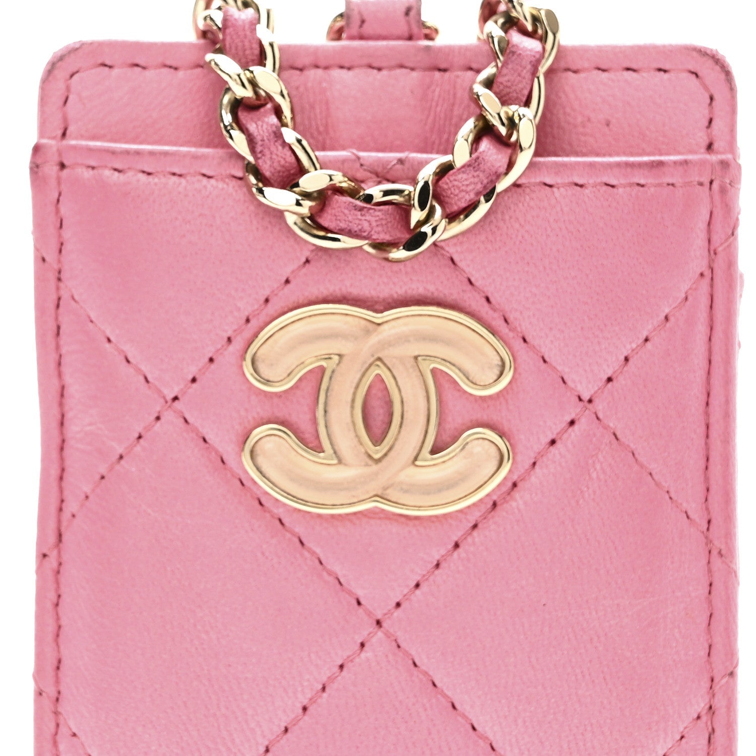 Lambskin Quilted Enamel Chanel  Holder On Chain Pink