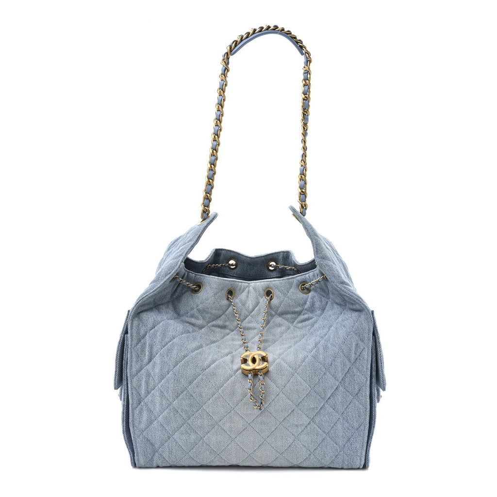 Washed Denim Quilted Medium Chanel 25 Handbag Blue