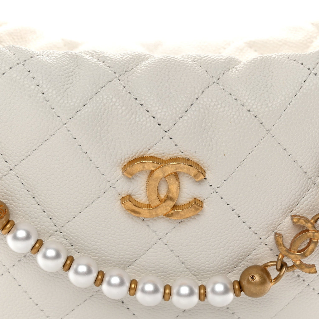 Caviar Quilted Pearl Chain Pouch Hobo White