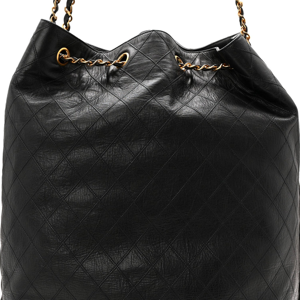 Grained Calfskin Quilted Drawstring Bucket Bag Black