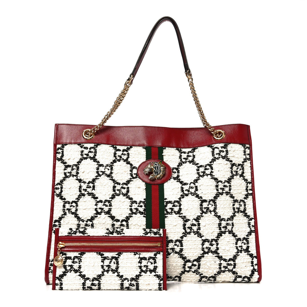 Tweed GG Monogram Large Rajah Chain Tote White Black Romantic Cherry