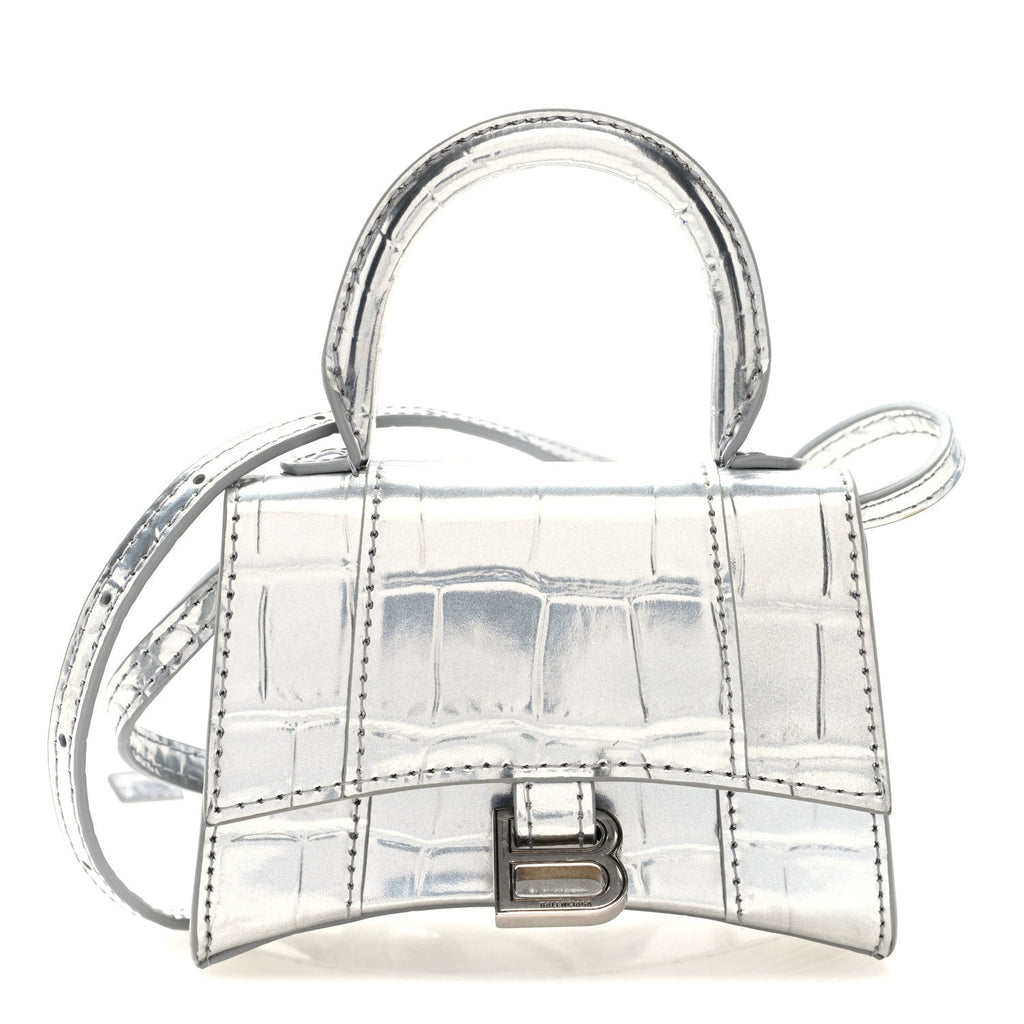 Metallic Calfskin Crocodile Embossed Hourglass Top Handle Bag Mini Silver