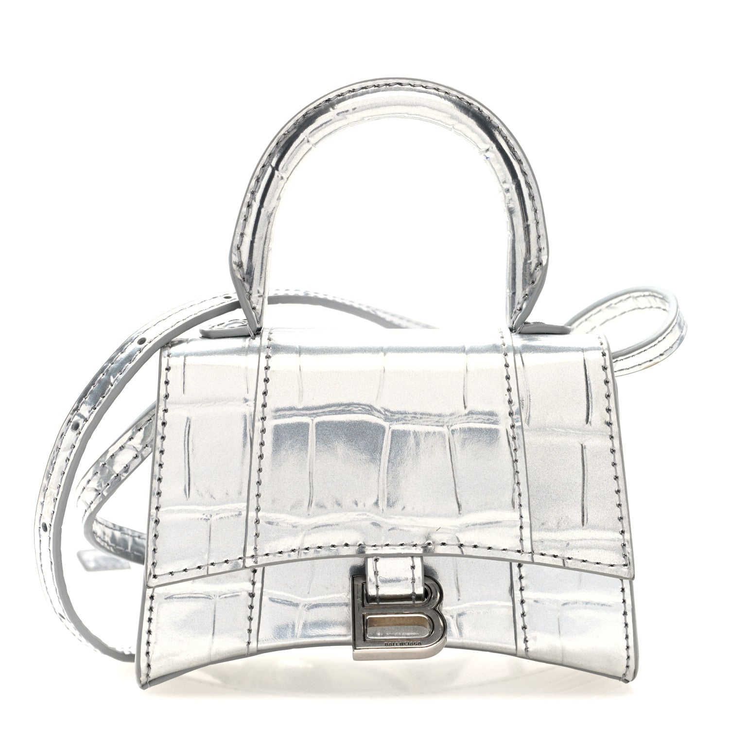 Metallic Calfskin Crocodile Embossed Hourglass Top Handle Bag Mini Silver