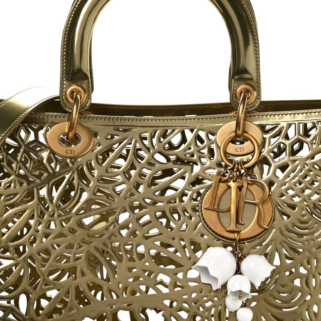 X DAVID WISEMAN Metallic Calfskin Laser Cut Large Lady Dior Gold