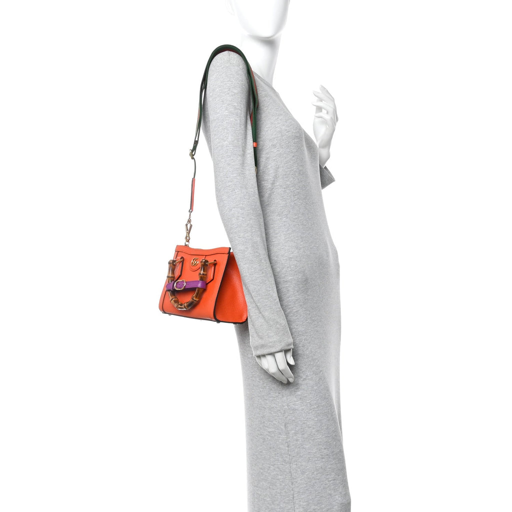 Textured Dollar Calfskin Web Mini Diana Tote Bag Deep Orange Spicy Cyclamin