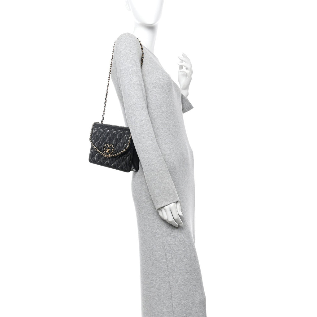Patent Quilted Chain Around Heart Flap Black