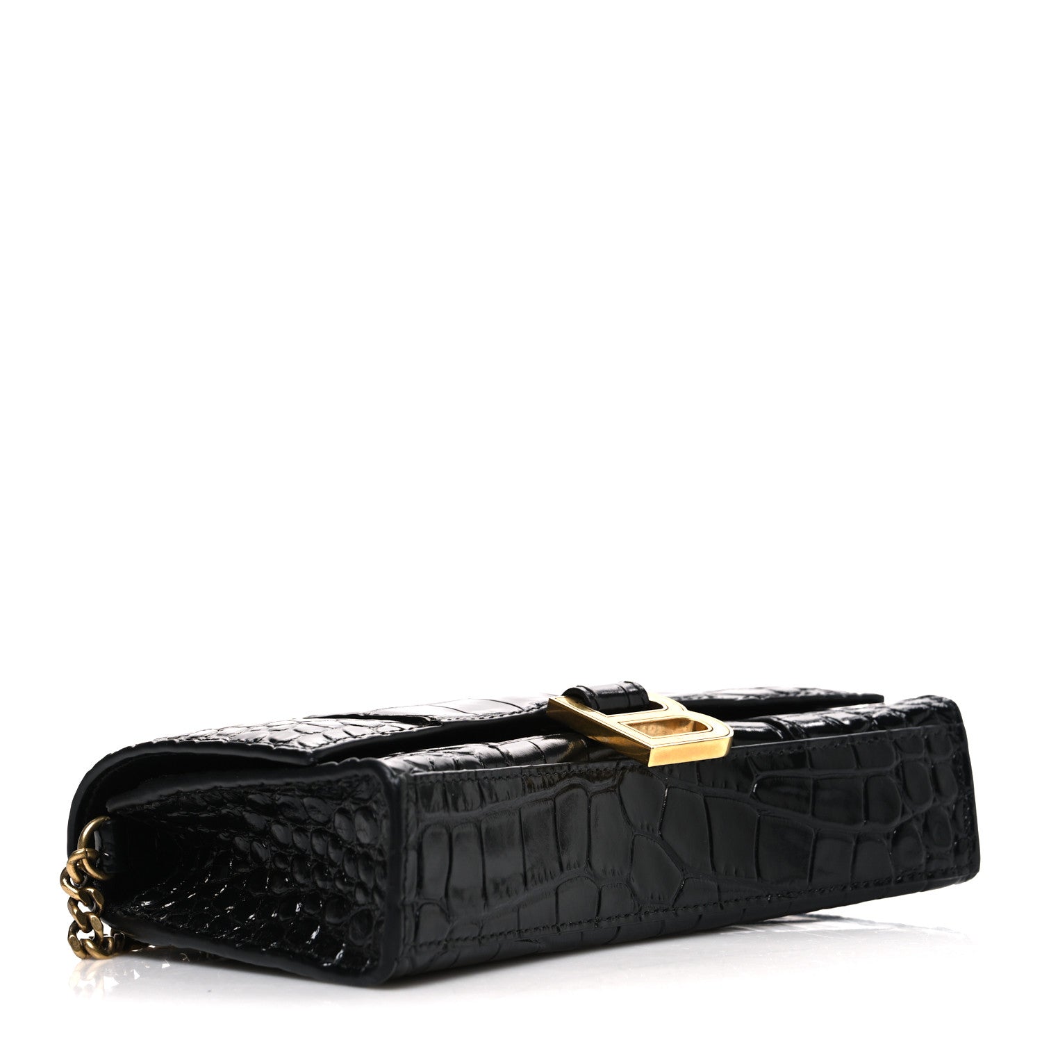 Shiny Calfskin Crocodile Embossed Hourglass Chain Bag Black