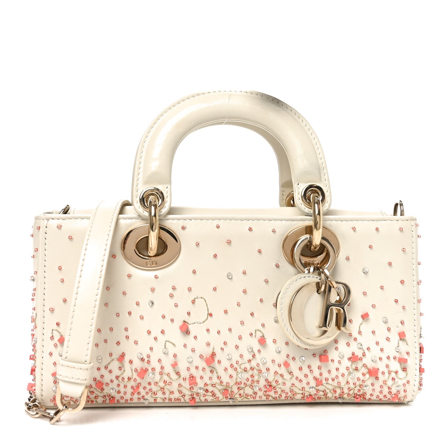 Calfskin Embroidered Small Lady D-Joy White Multicolor