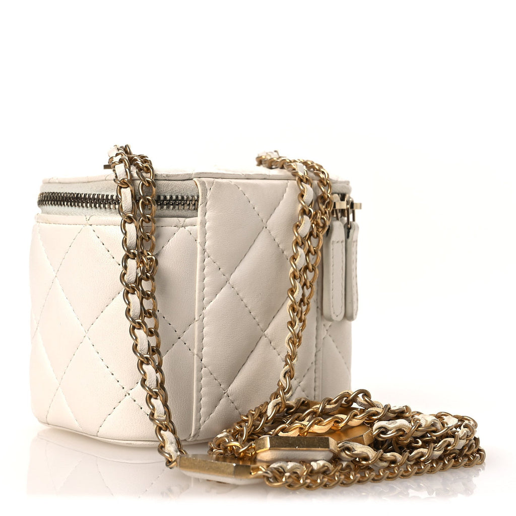 Lambskin Quilted Mini Vanity Case With Chain White