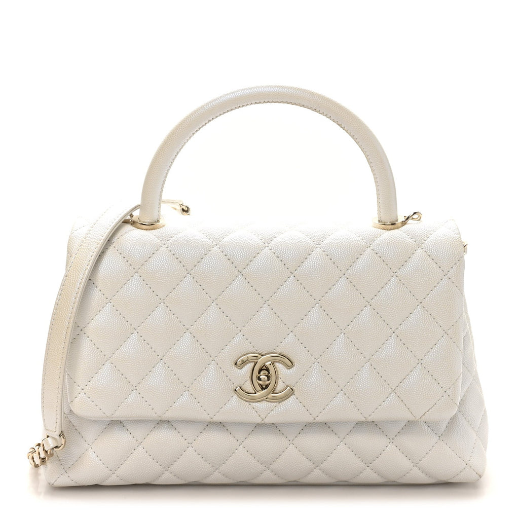 Iridescent Caviar Quilted Small Coco Handle Flap White