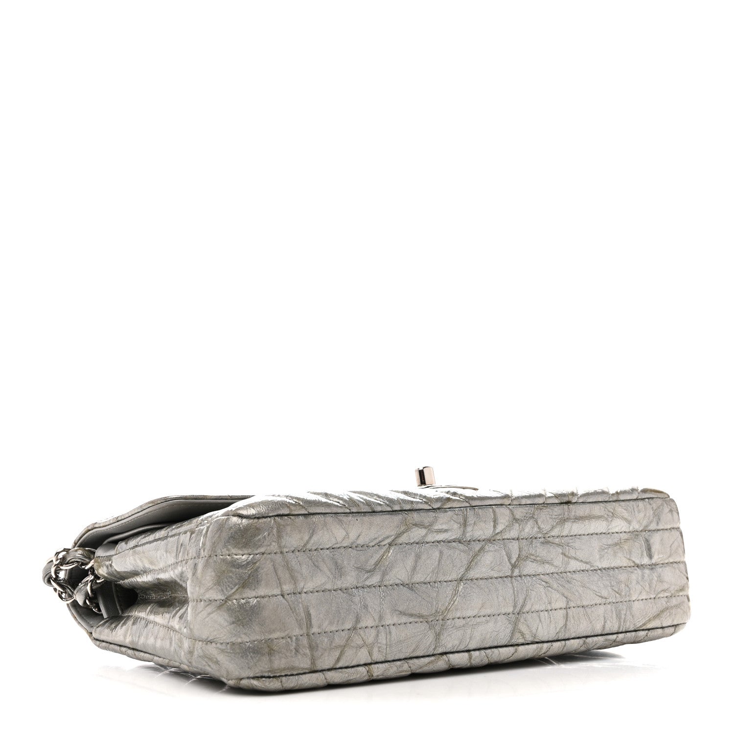 Metallic Patent Crumpled Calfskin Chevron Quilted Medium Double Flap Silver