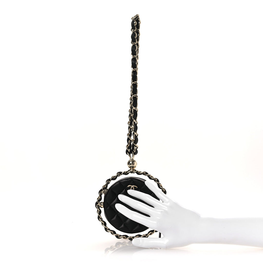 Lambskin Quilted Chain Round Mini Clutch Black