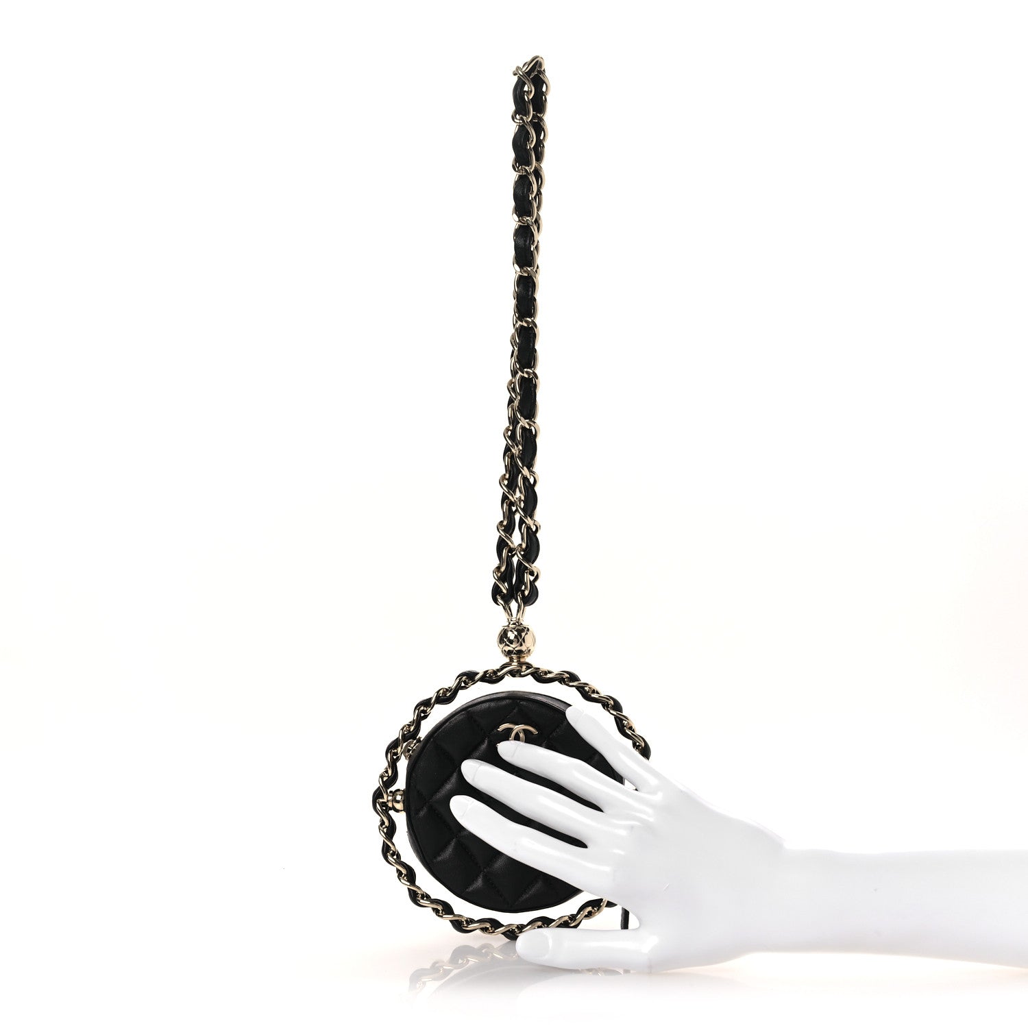 Lambskin Quilted Chain Round Mini Clutch Black
