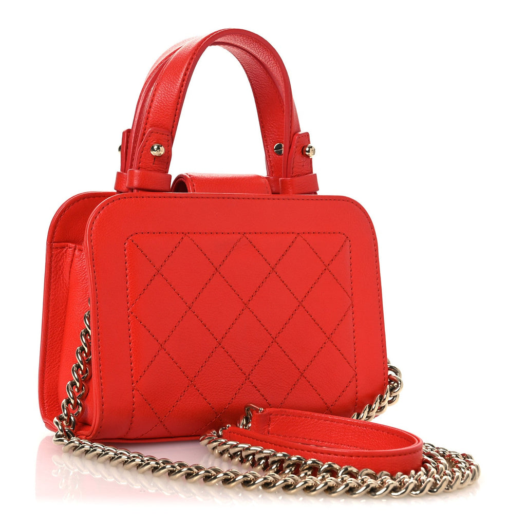 Grained Calfskin Stitched Mini Label Click Shopper Tote Red