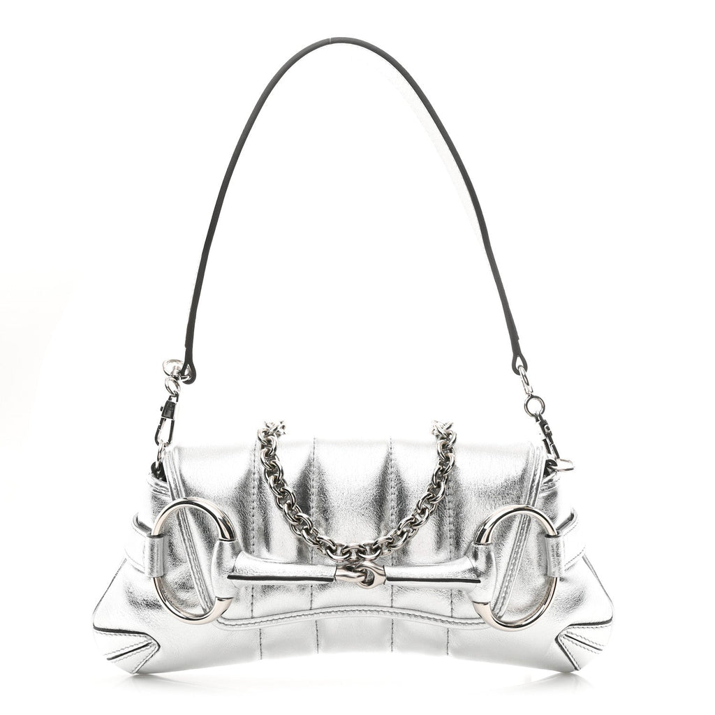 Metallic Nappa Vertical Matelasse Small Maxi Horsebit Chain Shoulder Bag Silver