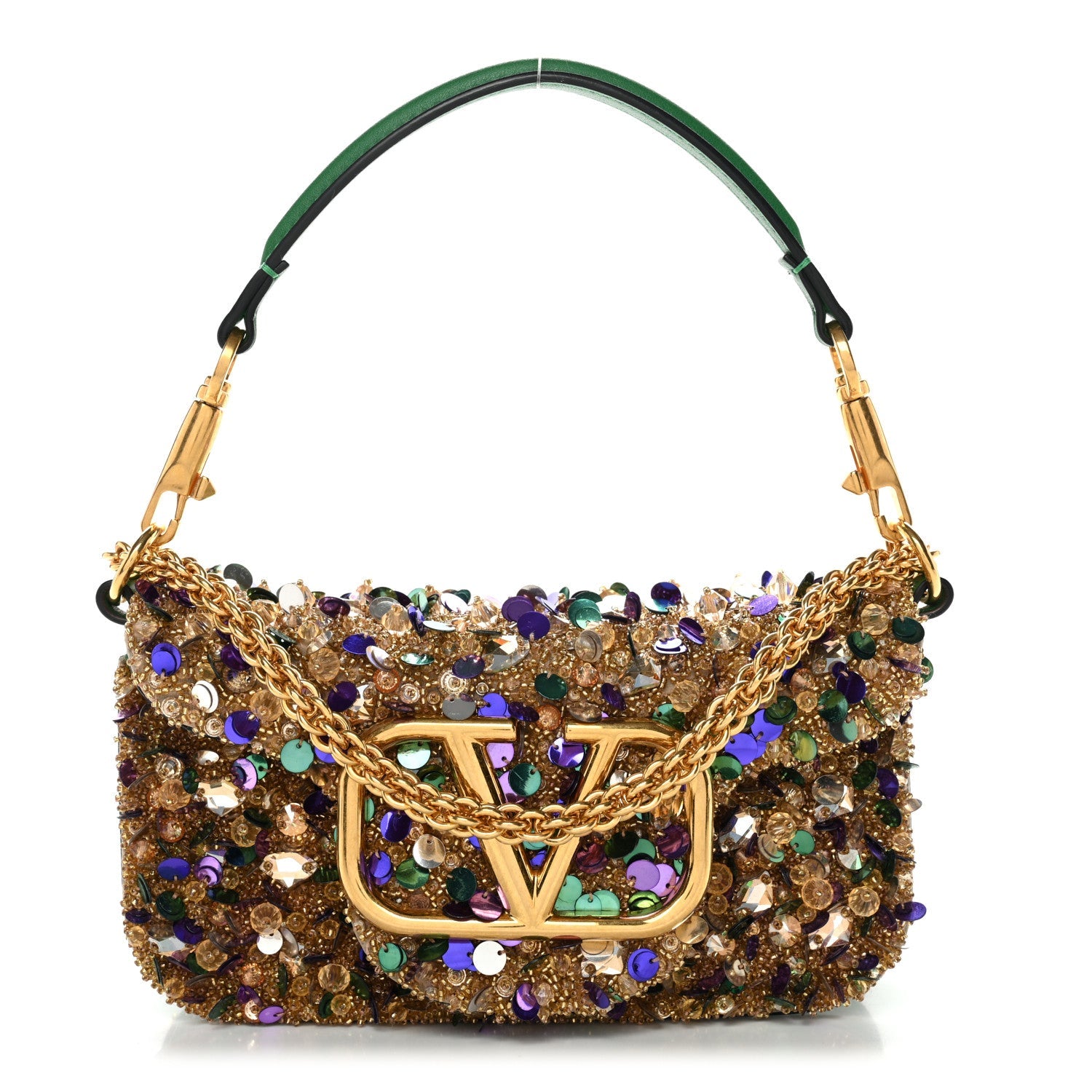Sequin Crystal Vlogo Embroidered Small Loco Shoulder Bag Gold Multicolor