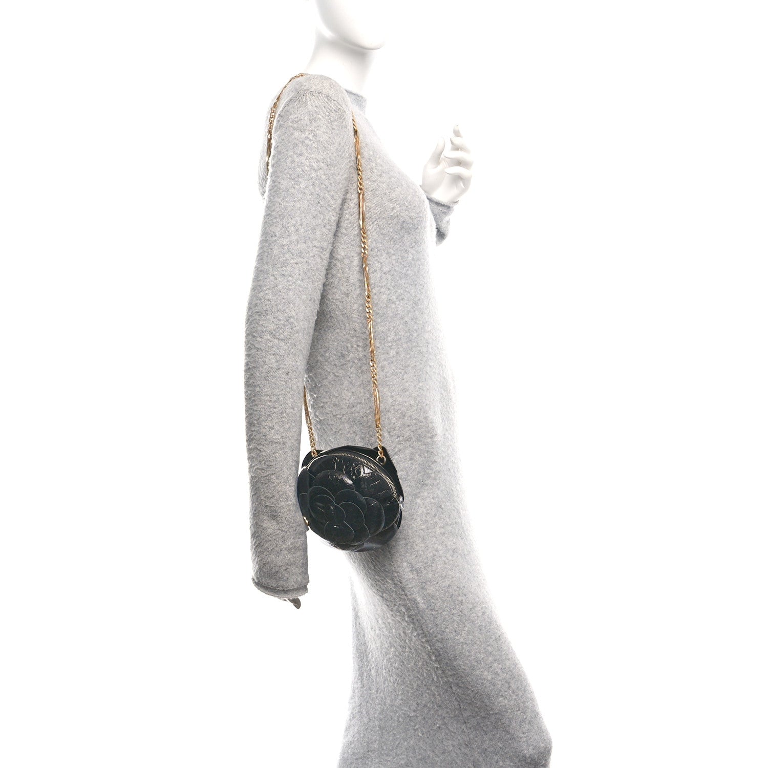 Patent Lambskin Camellia Bouquet Clutch With Chain Black