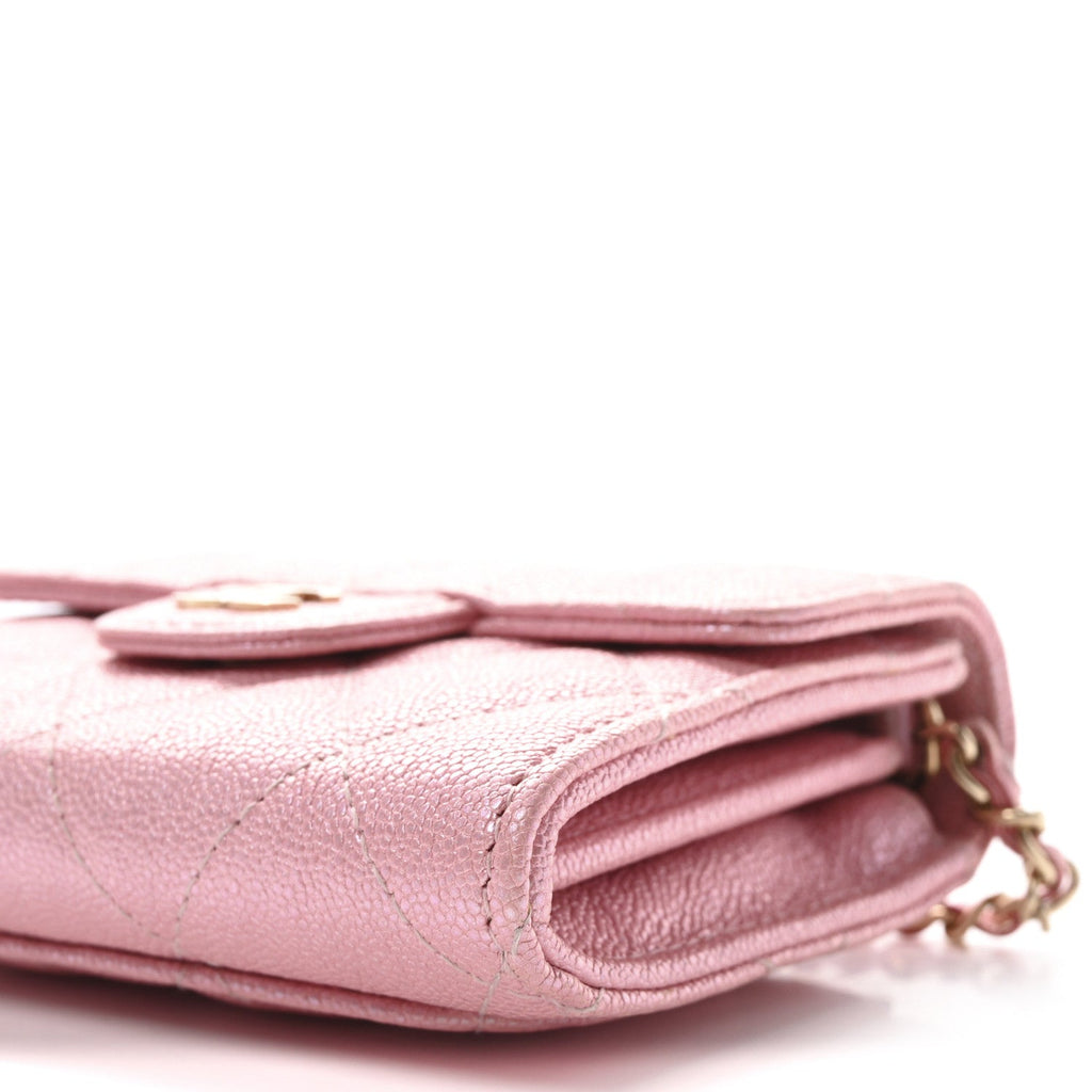 Iridescent Caviar Quilted Flap  Holder On Chain Pink