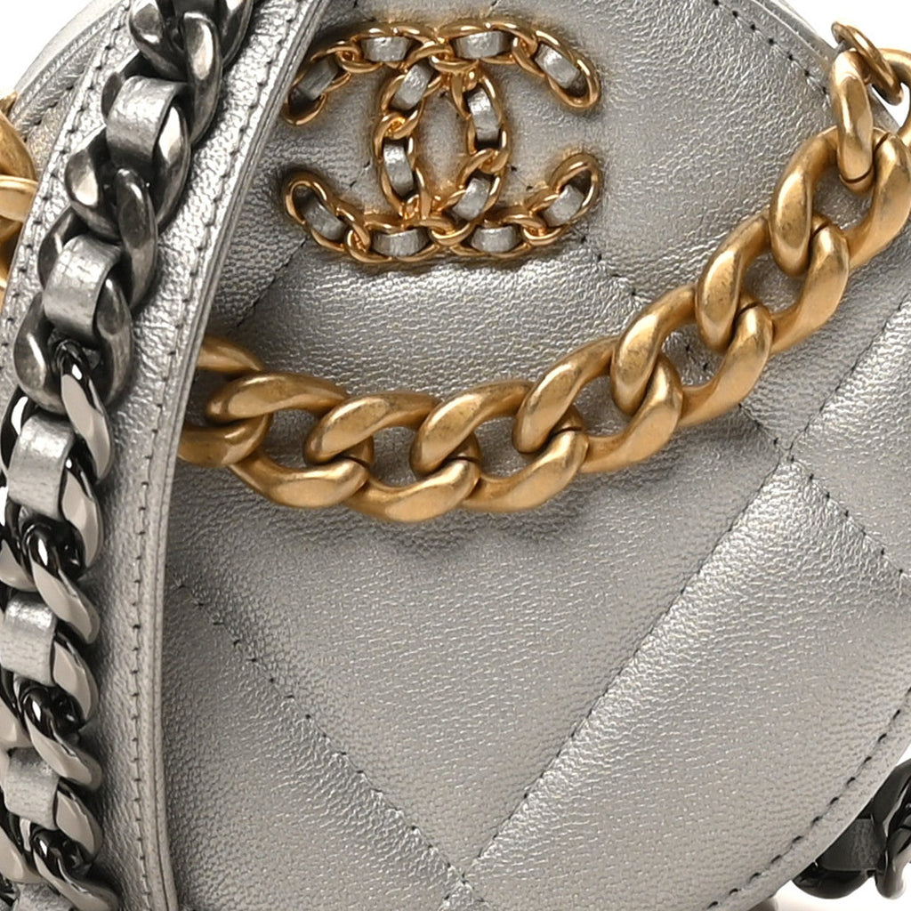 Metallic Lambskin Quilted Chanel 19 Round Clutch With Chain Silver
