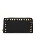 Pebbled Calfskin Rockstud Zip Around Wallet Black