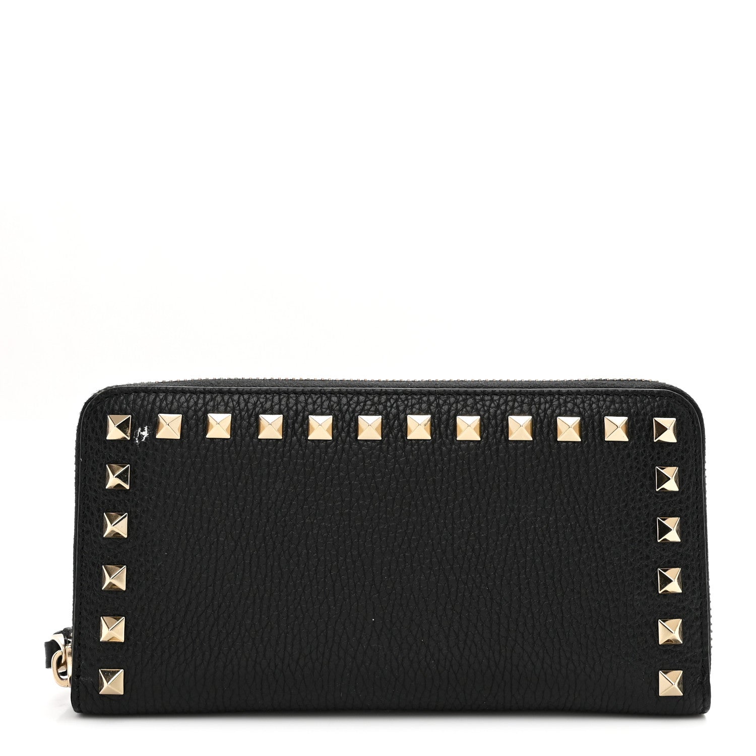 Pebbled Calfskin Rockstud Zip Around Wallet Black