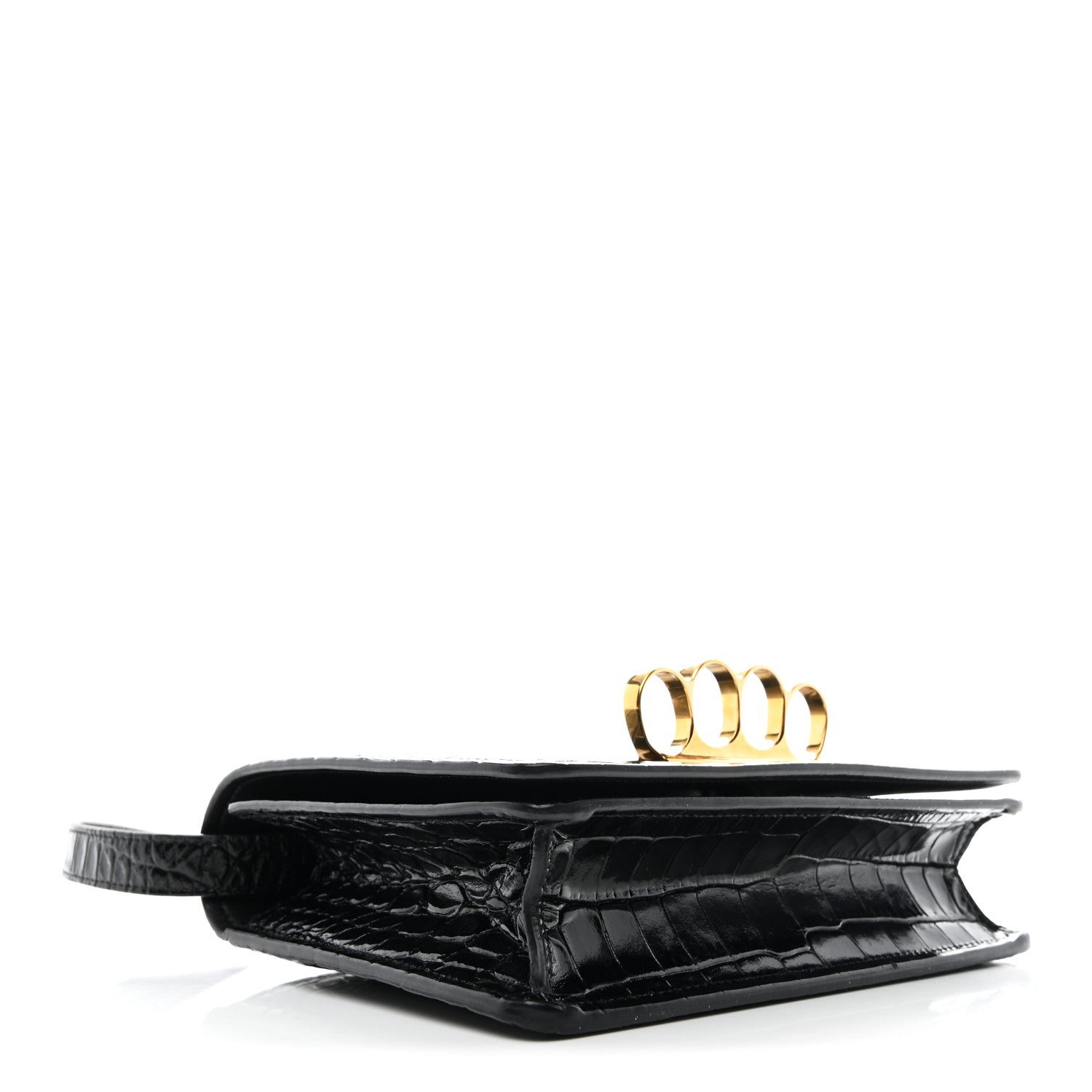Calfskin Crocodile Embossed Four Ring Knuckle Crossbody Bag Black