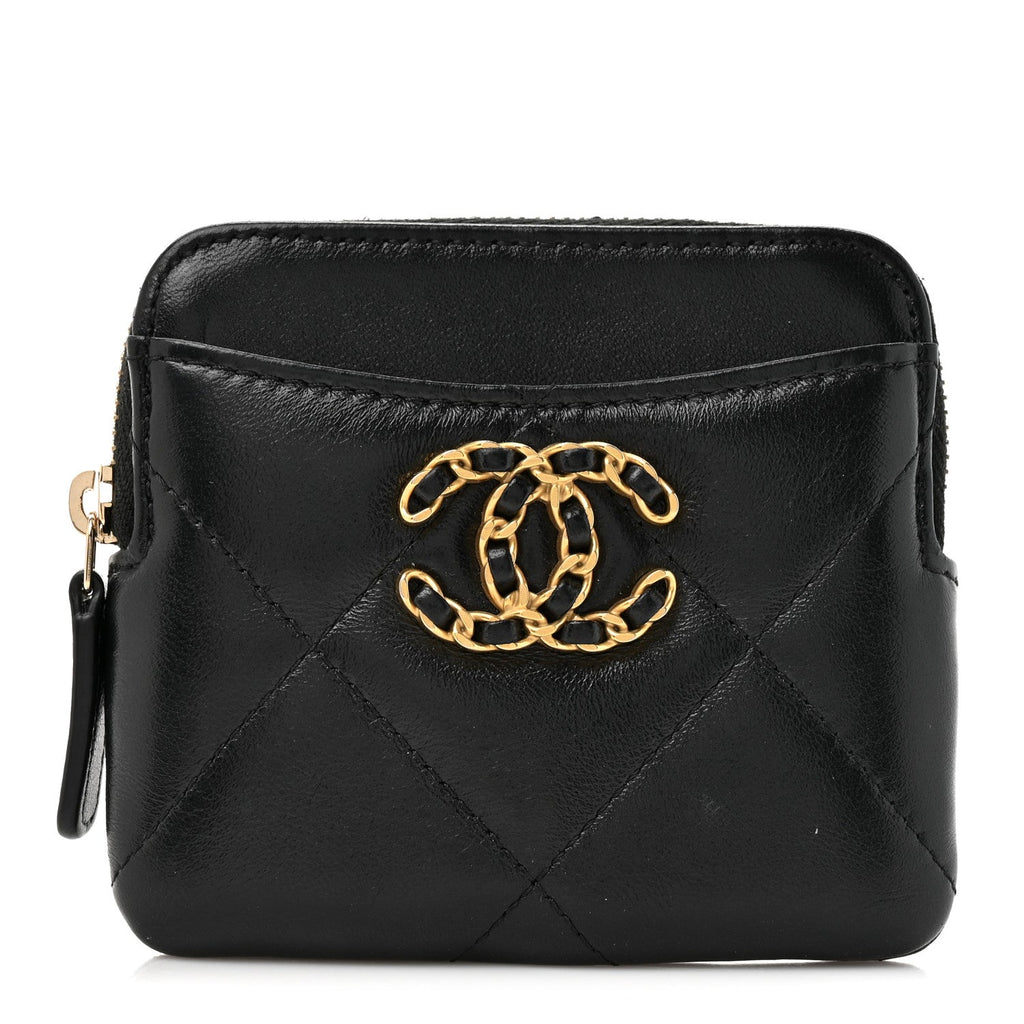 Lambskin Quilted Chanel 19 Zip  Holder Wallet Black