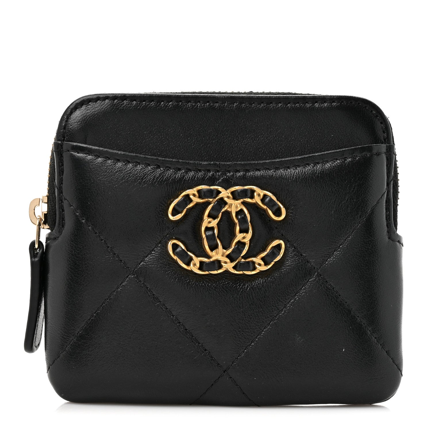 Lambskin Quilted Chanel 19 Zip  Holder Wallet Black