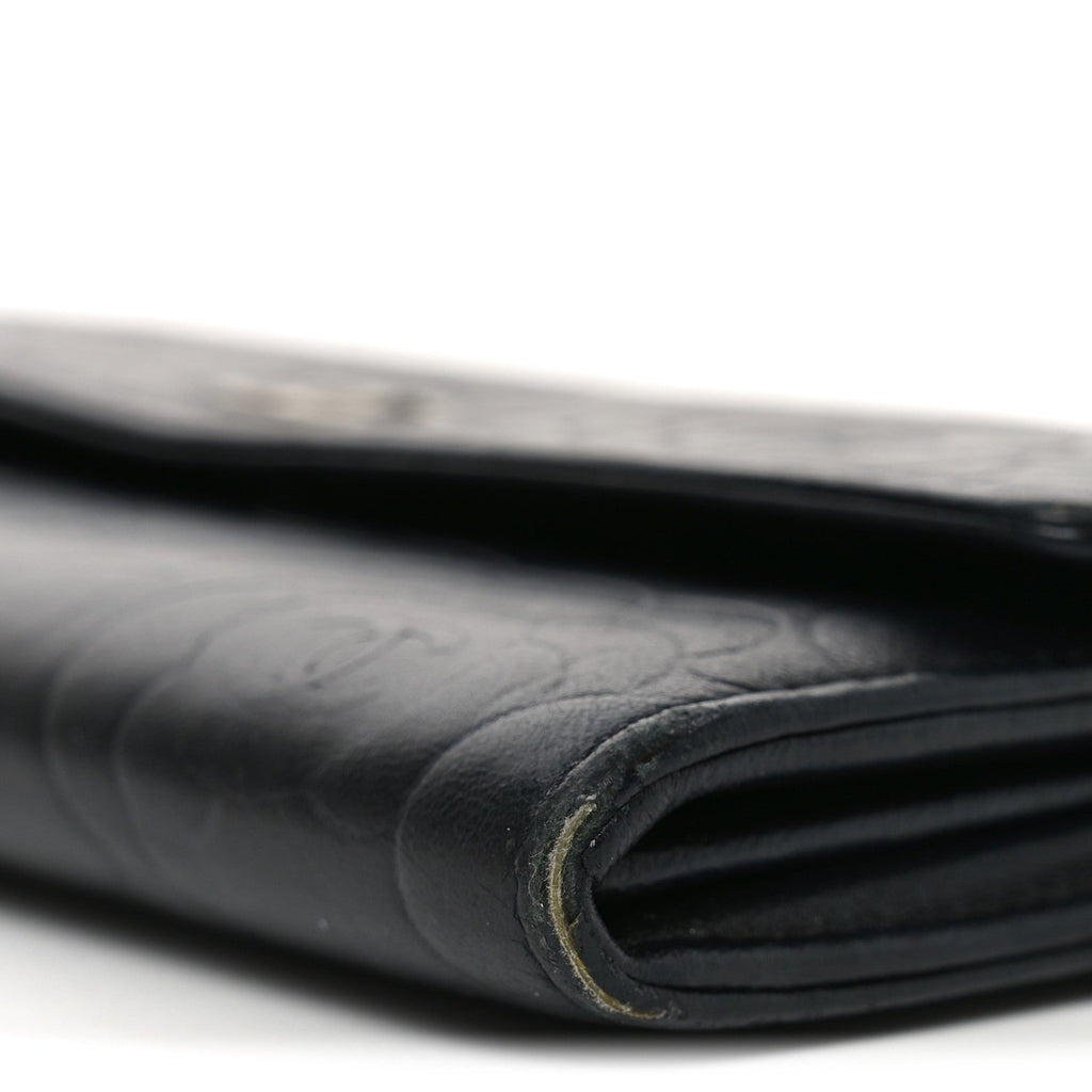 Lambskin Embossed Camellia Large Gusset Flap Wallet Black