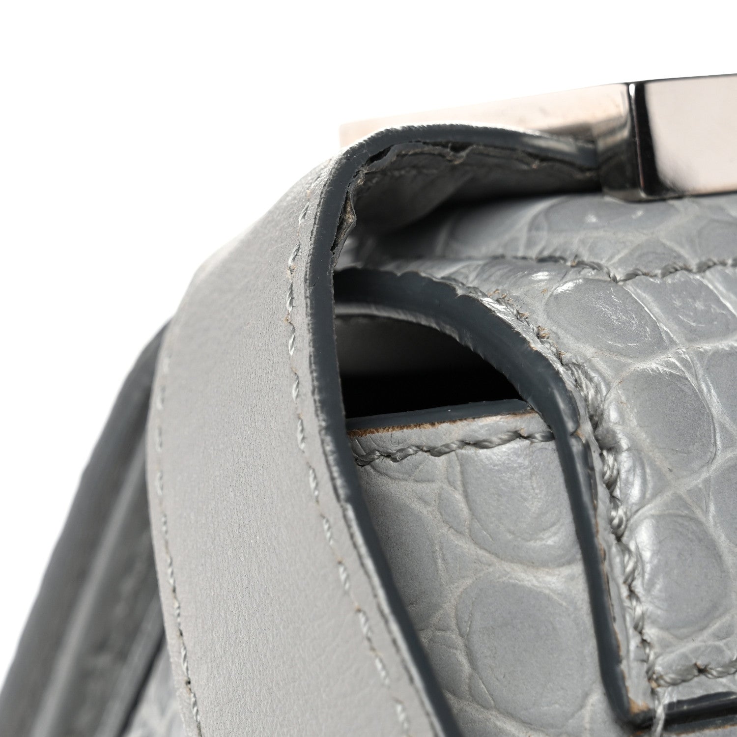 Calfskin Crocodile Embossed Medium Pandora Box Crossbody Bag Grey