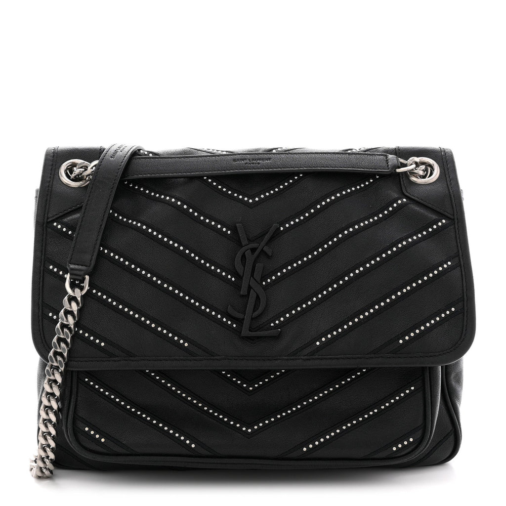 Calfskin Matelasse Monogram Microstud Medium Niki Chain Satchel Black