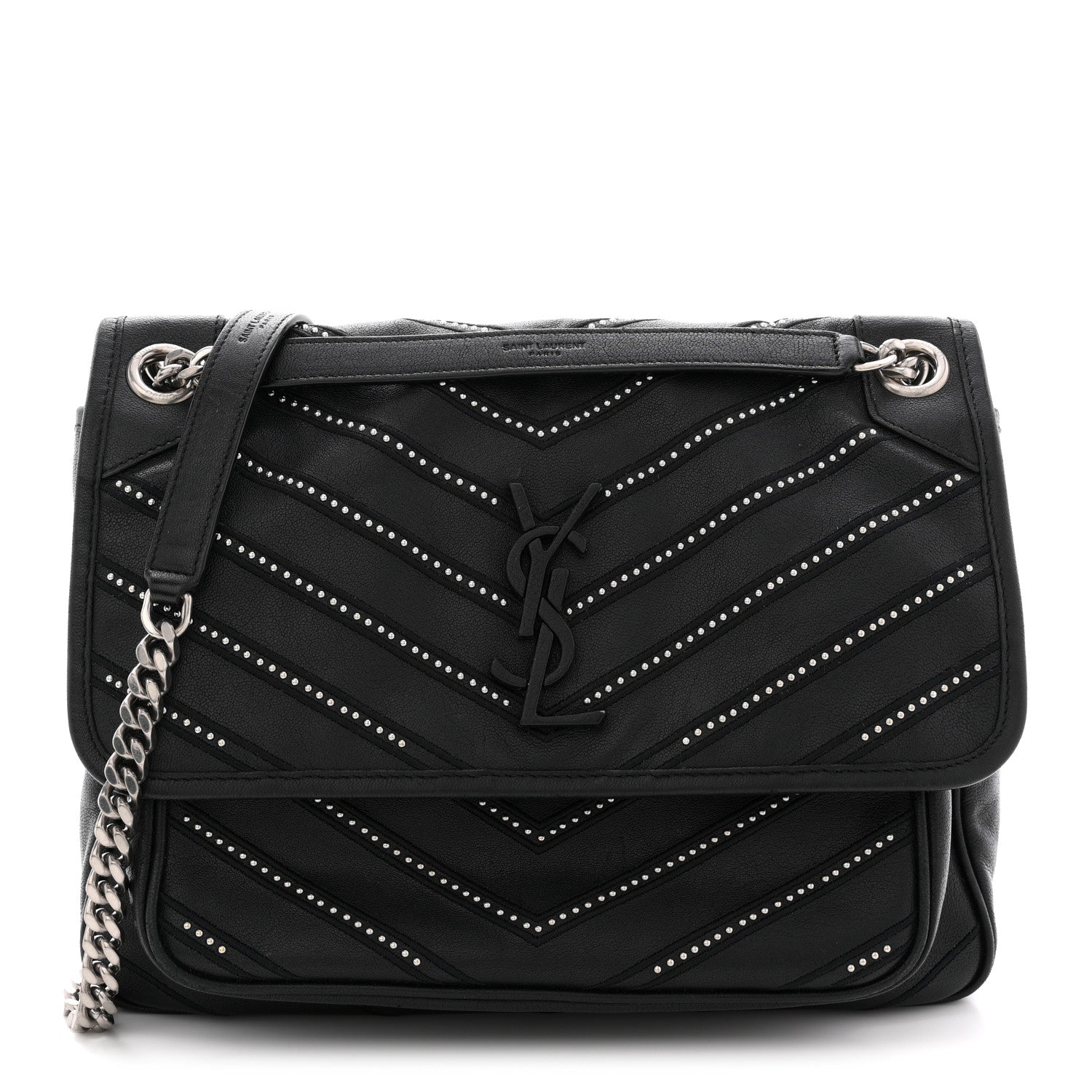 Calfskin Matelasse Monogram Microstud Medium Niki Chain Satchel Black