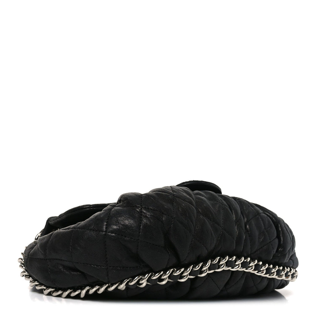 Washed Lambskin Quilted Medium Chain Around Messenger Black