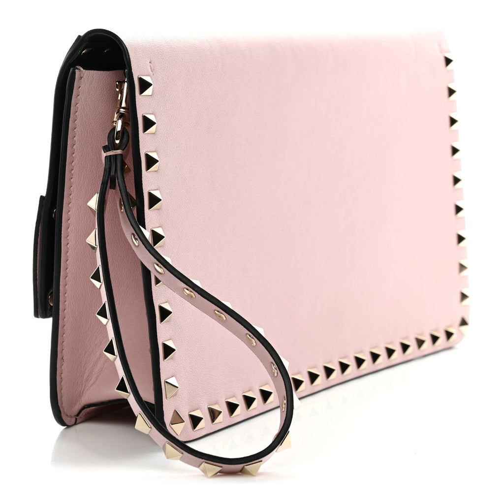 Pebble Calfskin Rockstud Side Slip Wristlet Clutch Water Rose