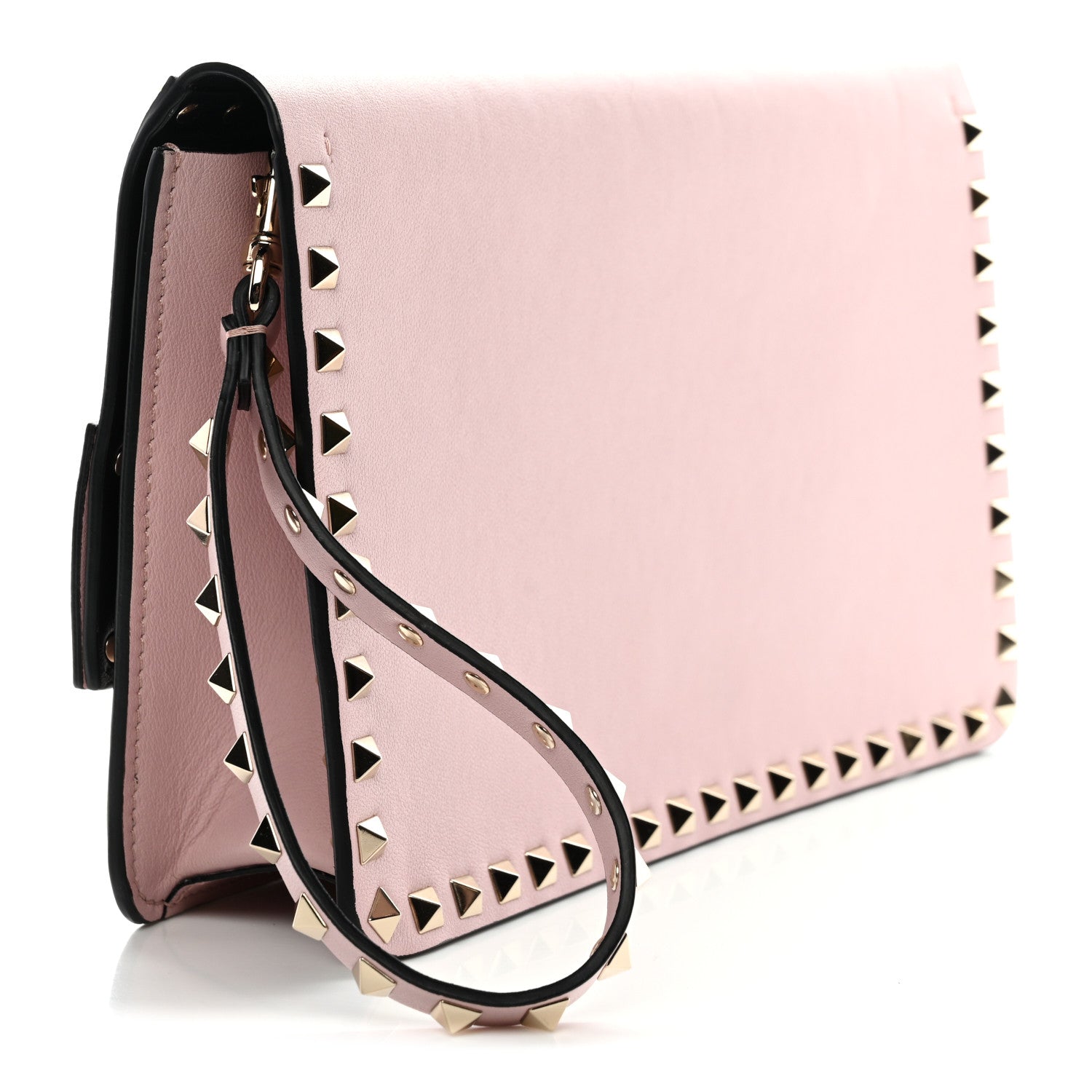 Pebble Calfskin Rockstud Side Slip Wristlet Clutch Water Rose