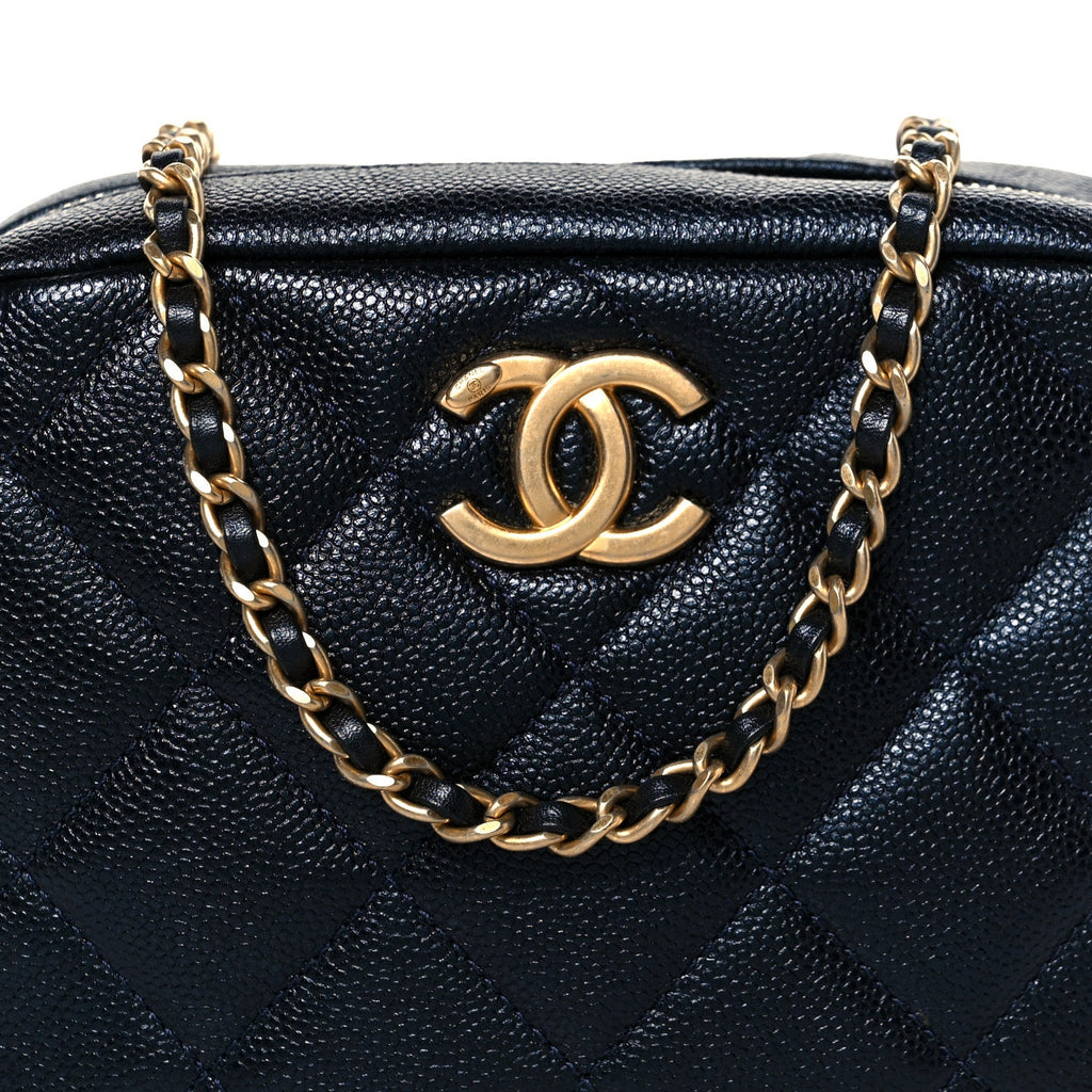 Shiny Caviar Quilted Chain Melody Camera Bag Dark Blue