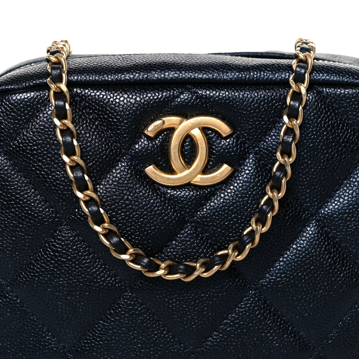 Shiny Caviar Quilted Chain Melody Camera Bag Dark Blue