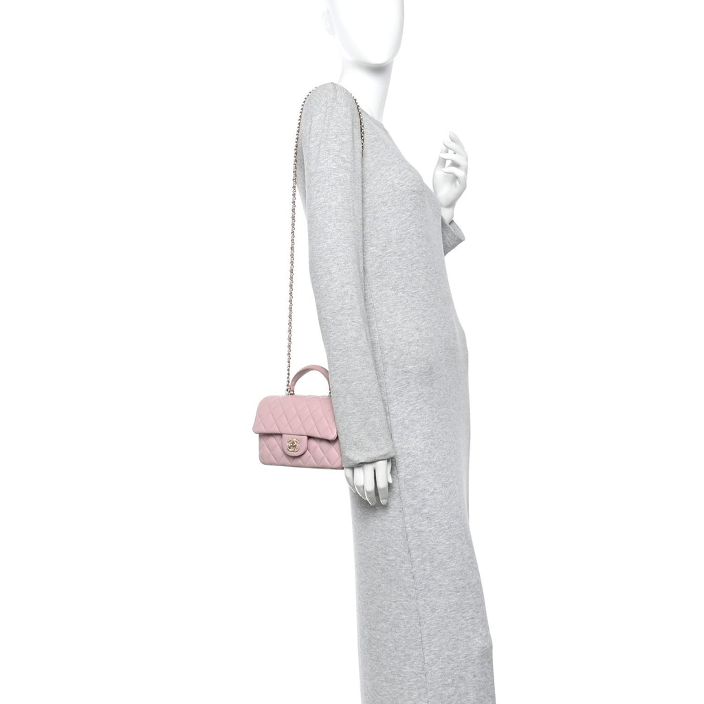 Lambskin Quilted Mini Top Handle Rectangular Flap Light Pink