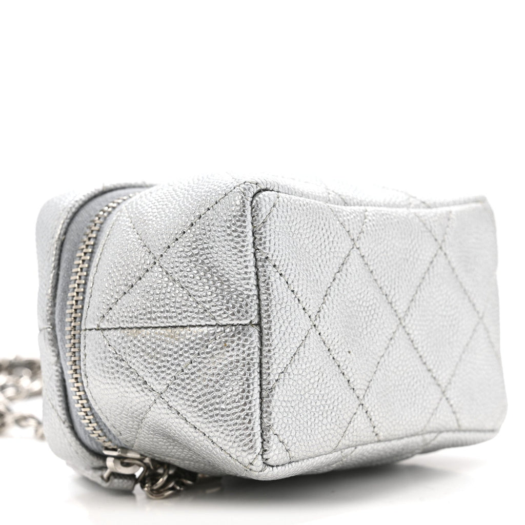 Metallic Caviar Quilted Mini Top Handle Vanity With Chain Silver