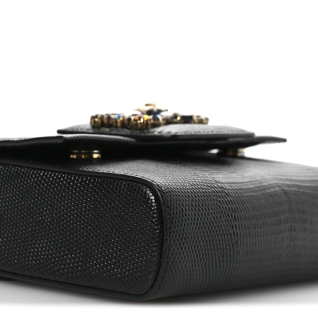 Lizard Embossed Crystal Embellished DG Millennials Mini Crossbody Bag Black