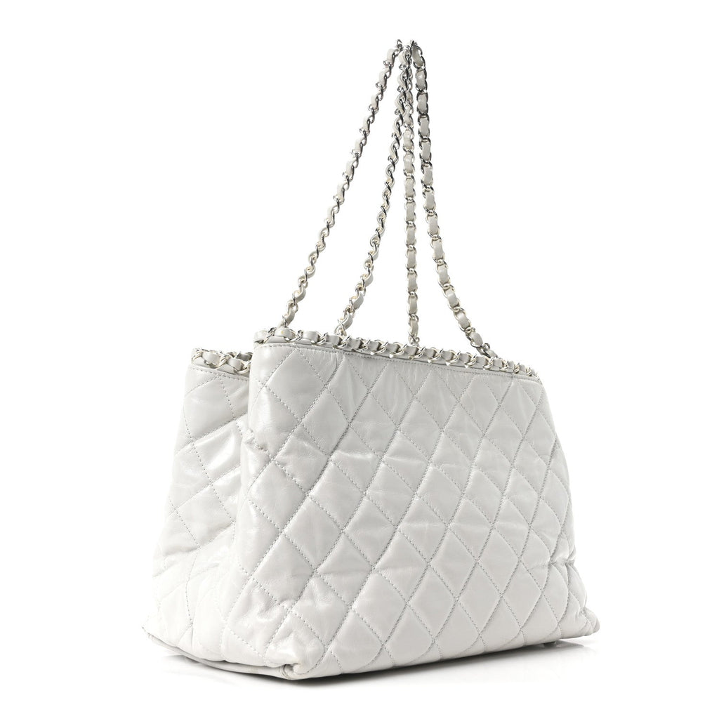 Glazed Calfskin Quilted Small Chain Me Tote Dark White