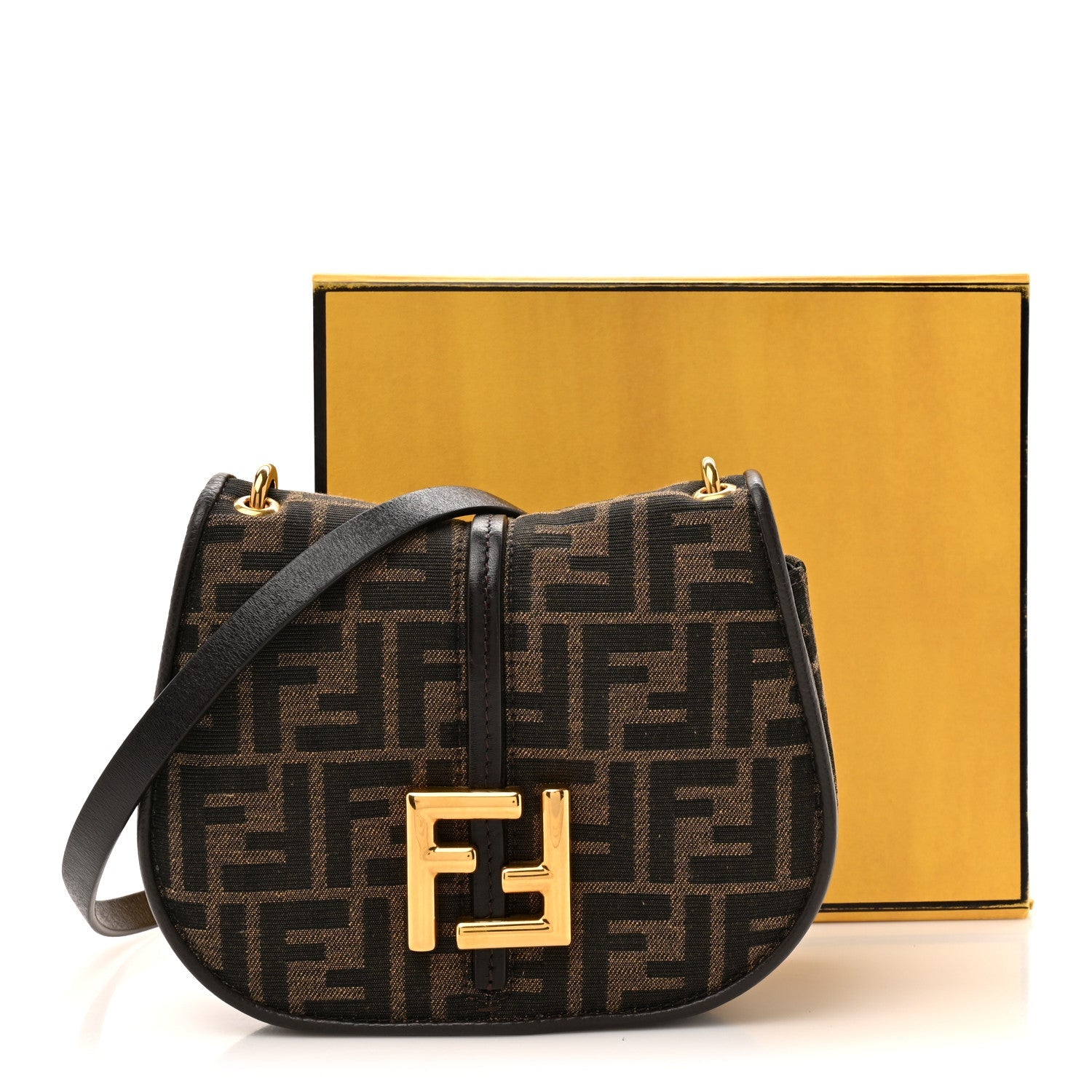Fabric Jacquard Vitello Cher Cuoio FF 1974 Small Fendi C'mon Tobacco Moro Ebano
