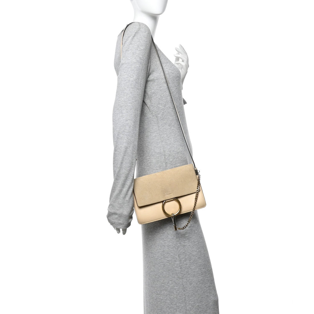Suede Calfskin Small Faye Shoulder Bag Pearl Beige