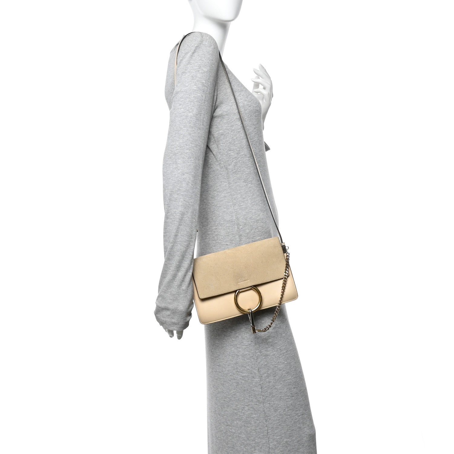 Suede Calfskin Small Faye Shoulder Bag Pearl Beige