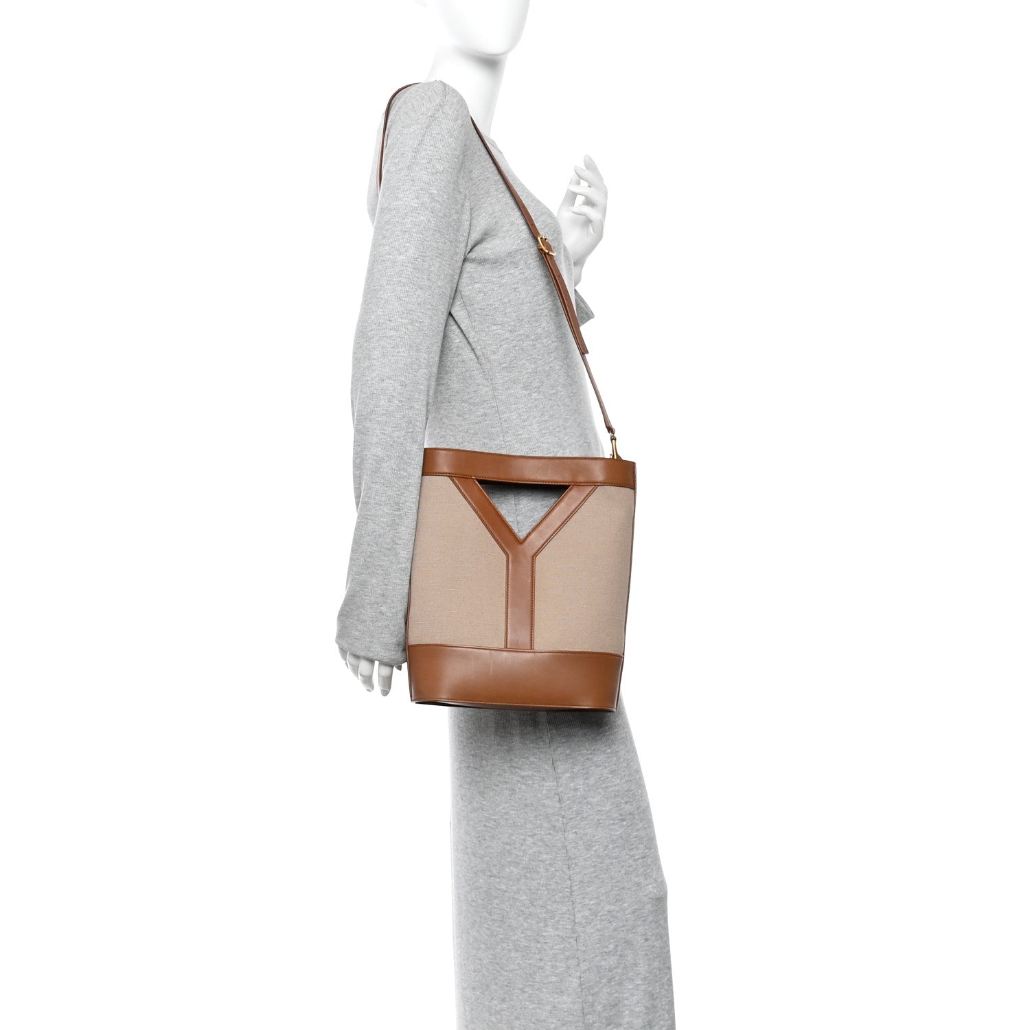 Smooth Calfskin Canvas Y Small Bucket Bag White Camel