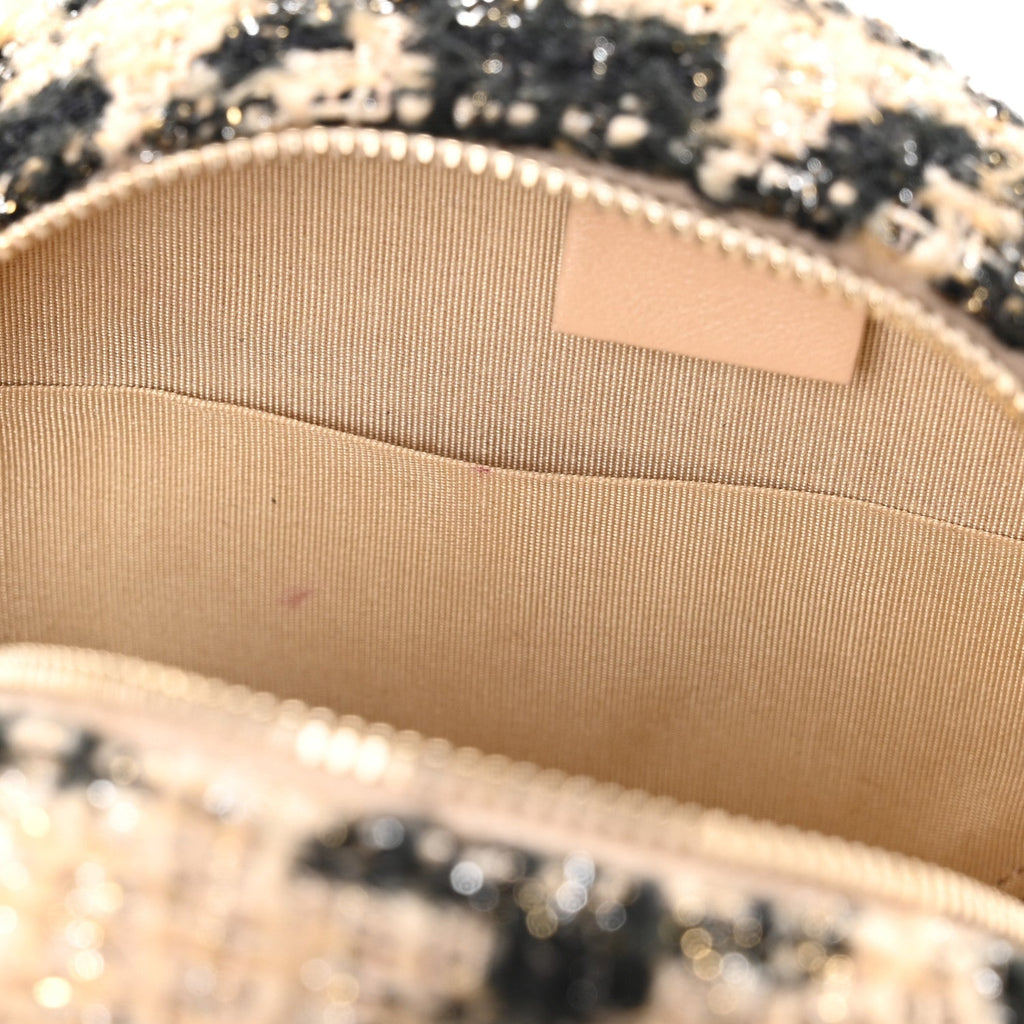Wool Tweed Lambskin Quilted Chanel 19 Round Clutch With Chain and Coin Purse Beige Black