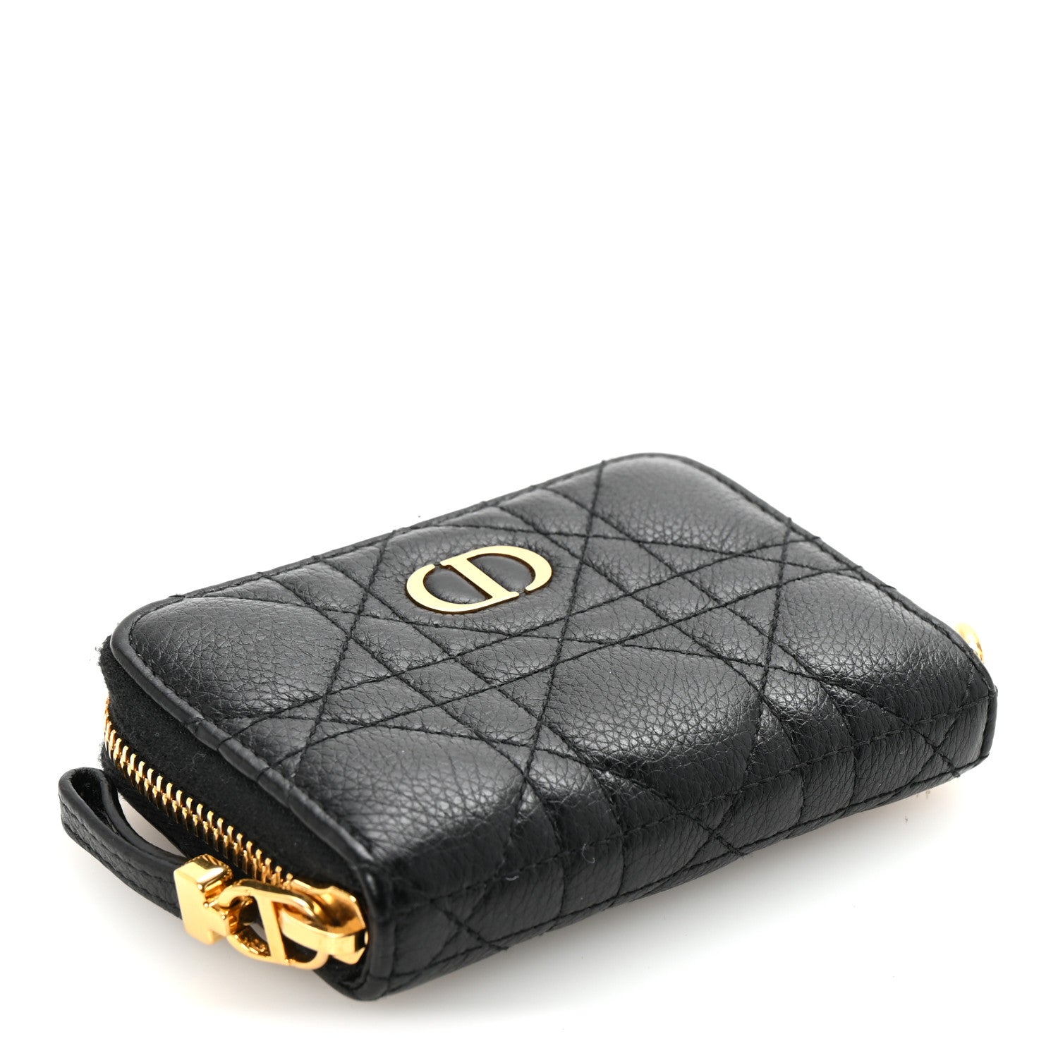 Grained Calfskin Supple Cannage Caro Compact Zip  Wallet Black