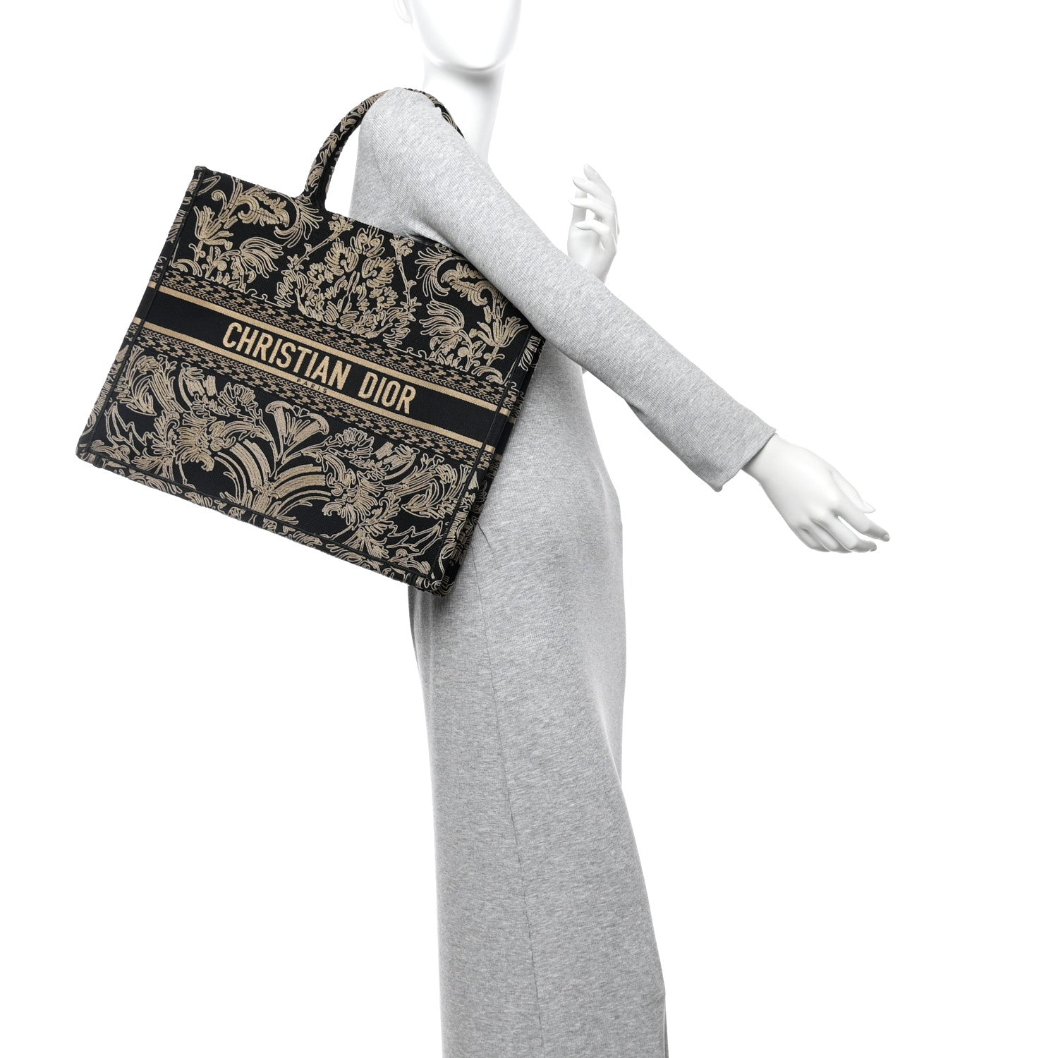 Canvas Embroidered Large Ornamental Cornely Effect Book Tote Black Beige