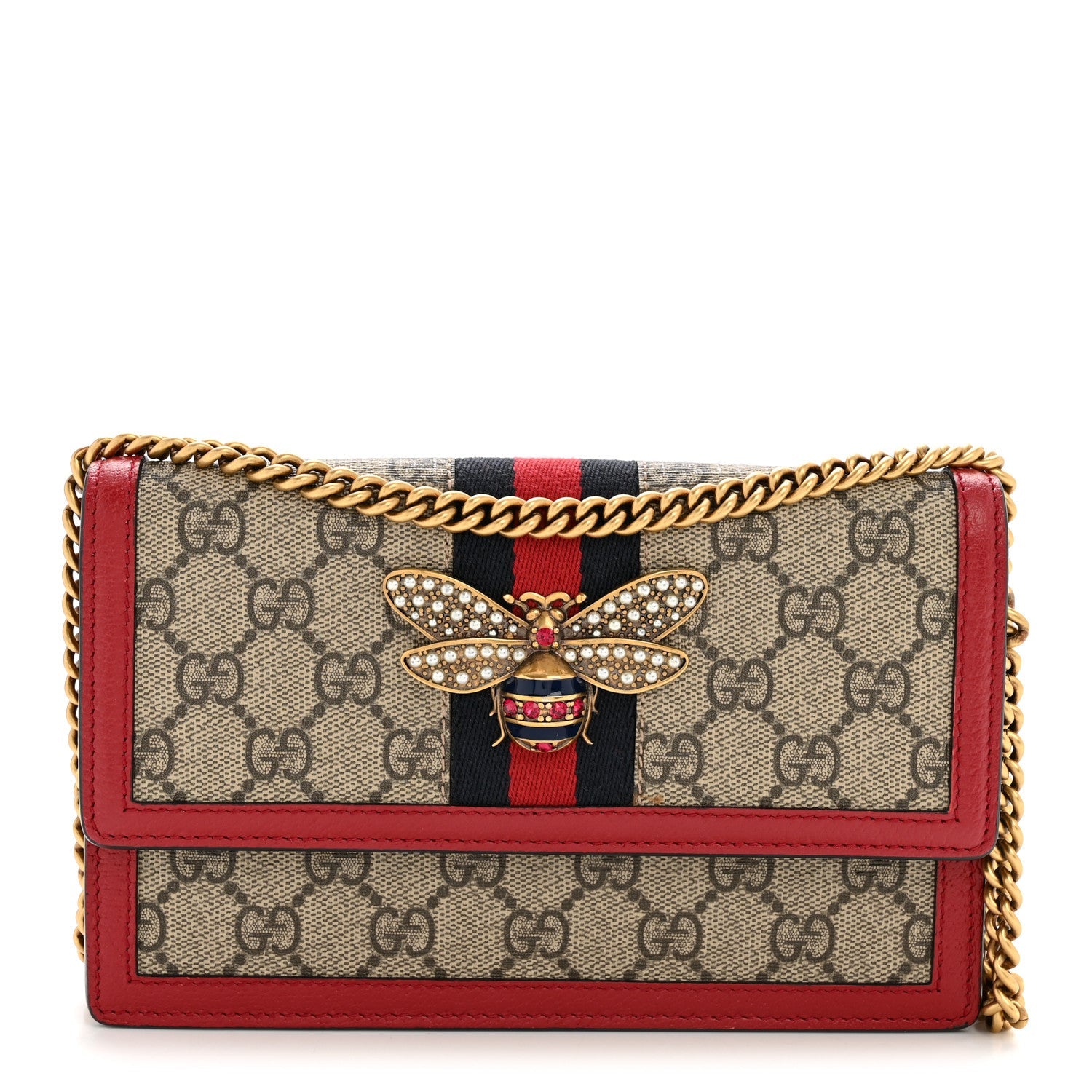 GG Supreme Monogram Web Queen Margaret Chain Wallet Red