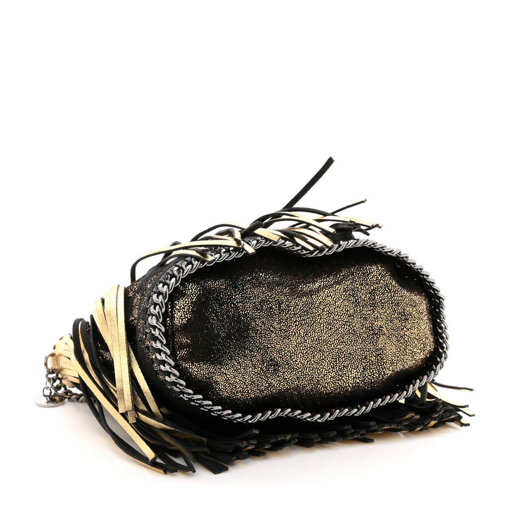 Metallic Shaggy Deer Fringe Falabella Bucket Bag Gold Black